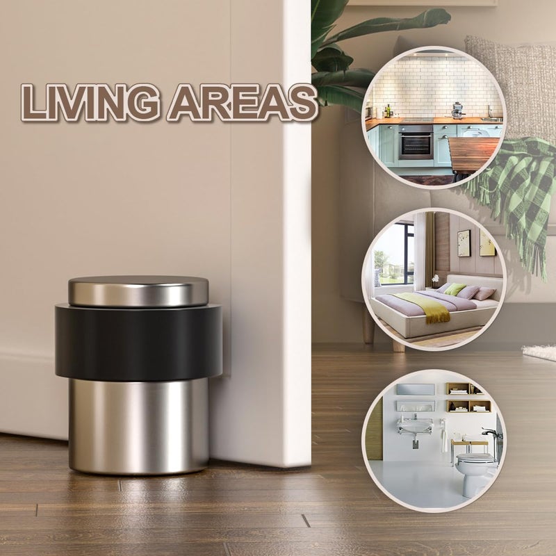 SANATO Nickel Cylindrical Floor Mounted Stainless Steel 304 Door Stop Door Stopper with Black Rubber  2 Pack - Image 2